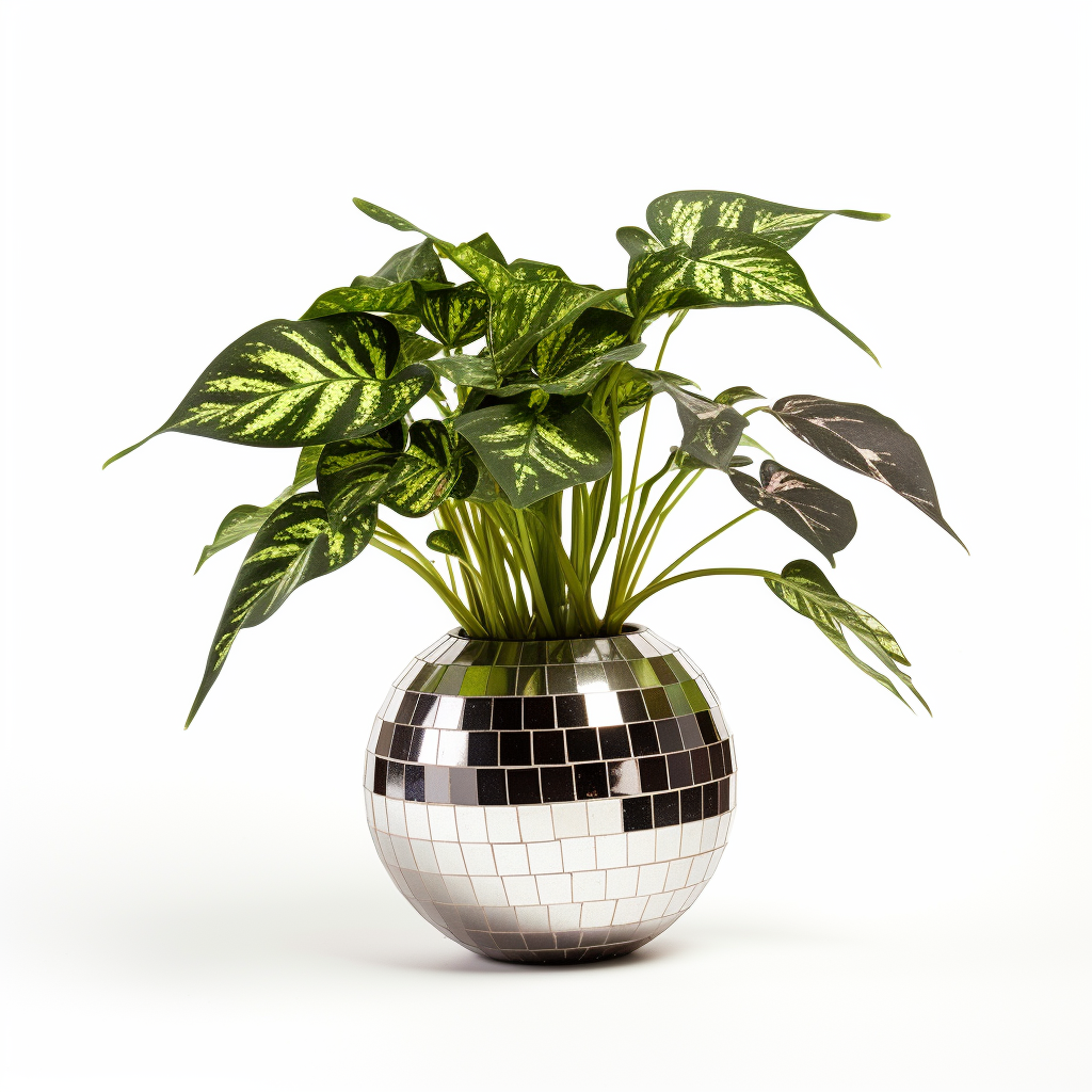 Disco ball planter with single leaf on white background