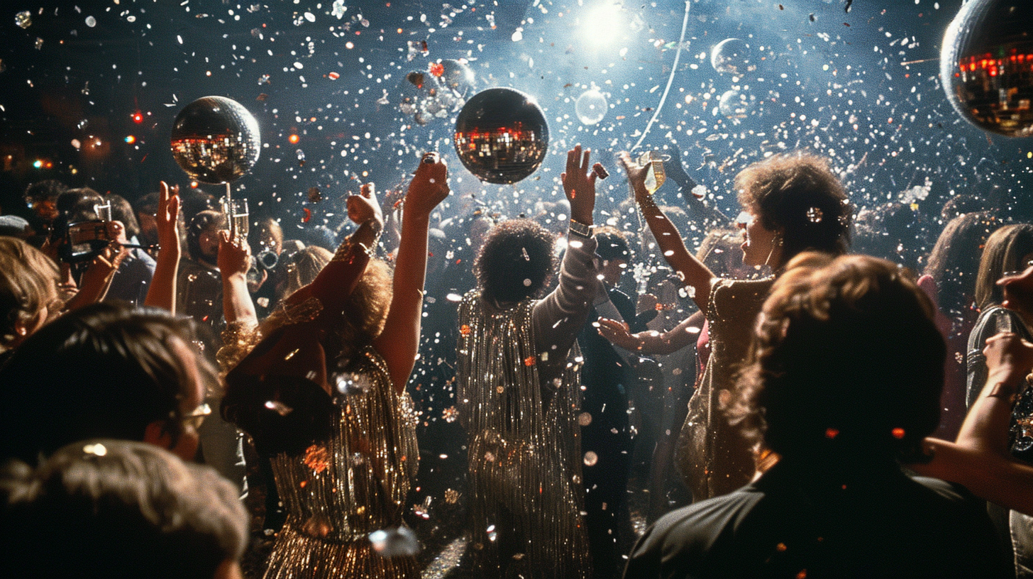 People celebrating at disco-themed New Year's party