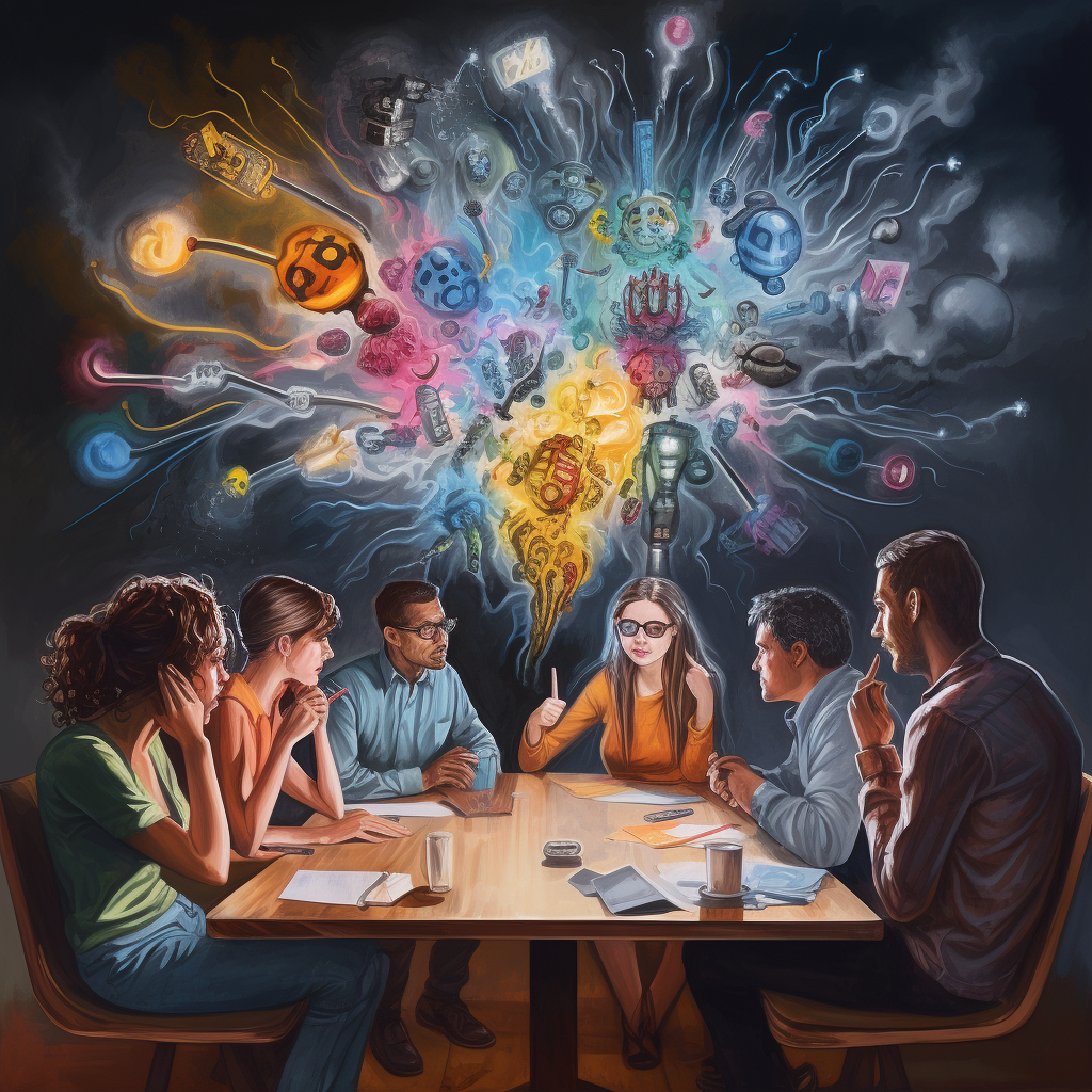 Group discussing ideas with visual thought icons