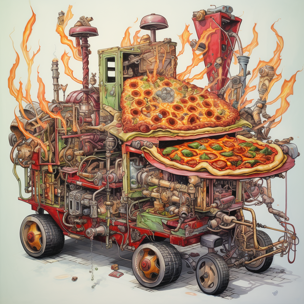 Cartoon illustration of diesel-driven pizza engines