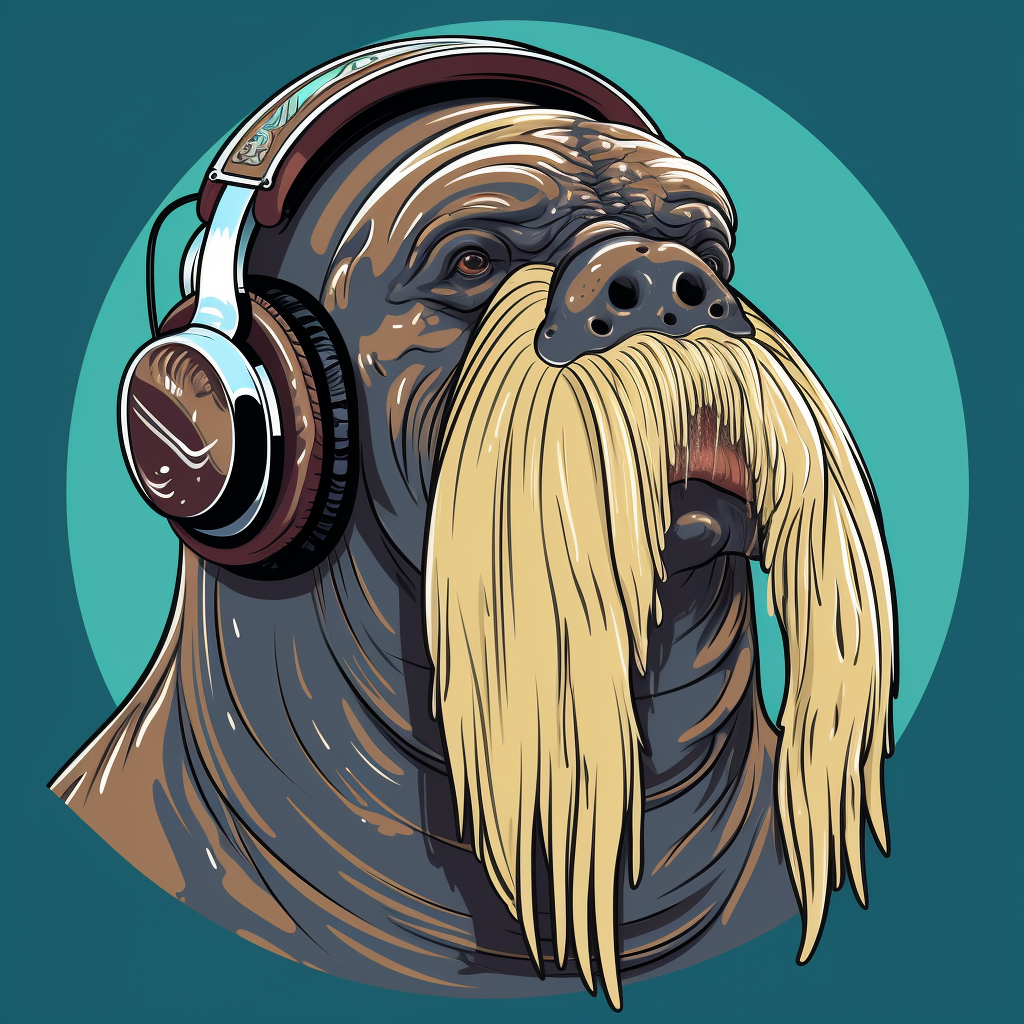 Playful walrus head wearing headphones