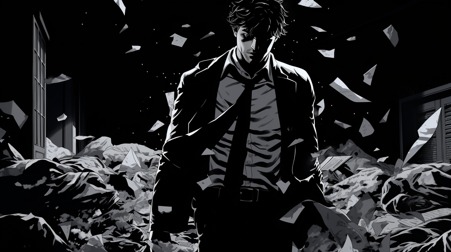 Comic book image of a disheveled young man in a suit crossing a dark room at night