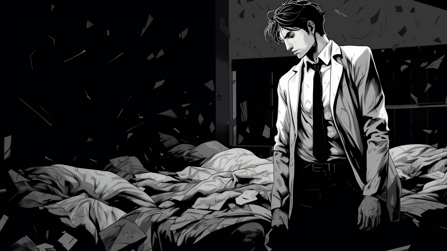 Disheveled young man in suit crossing dark room