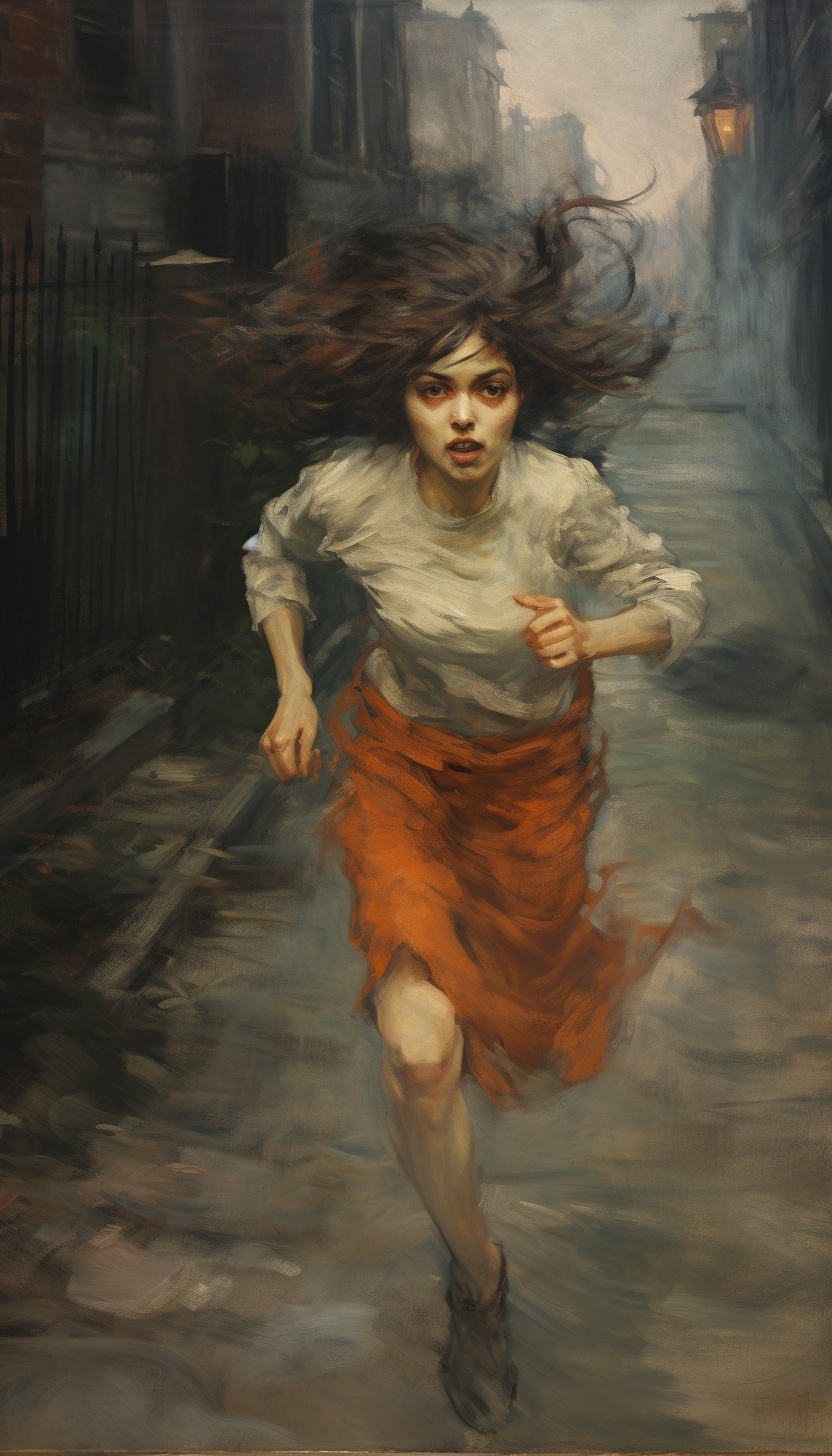 Disheveled woman running on pavement