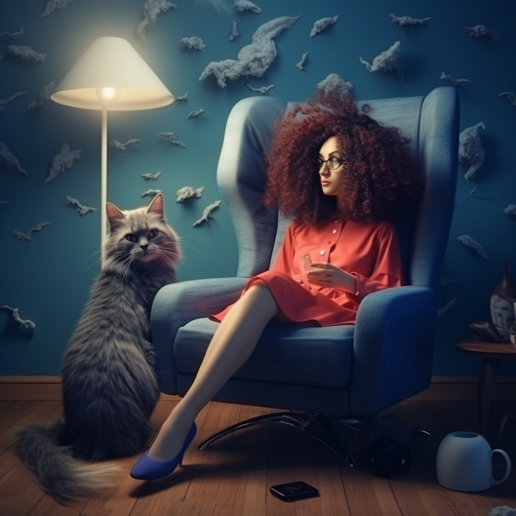 Sad woman with hairy legs playing with cat