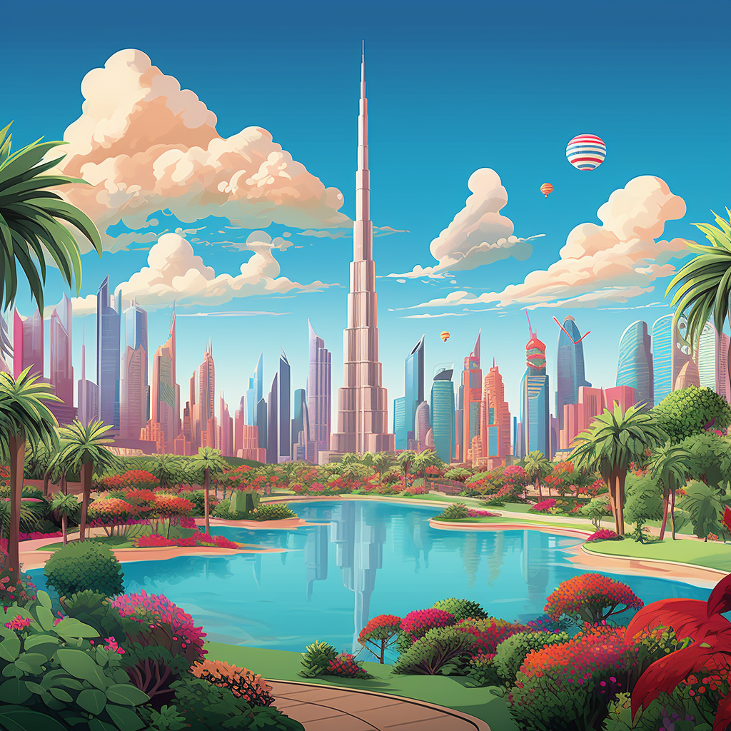 Whimsical Disney Illustration with Burj Khalifa and Trees