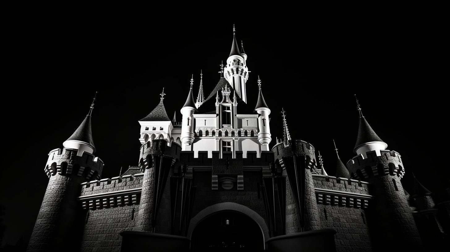 Close up of Disney Castle in black and white