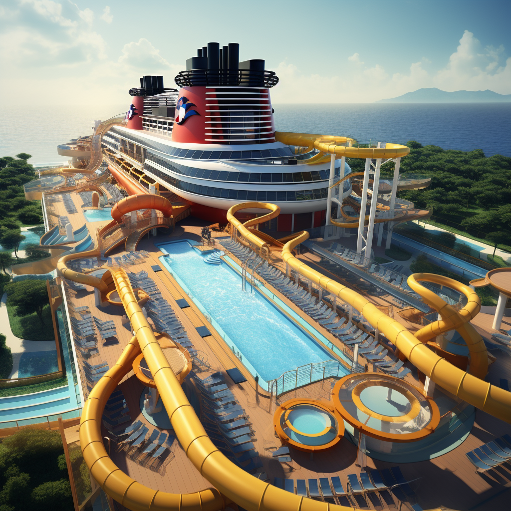 Disney cruise ship with water slide and pool