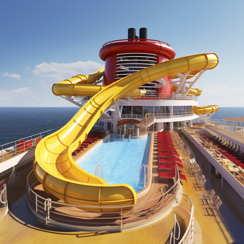 Disney Cruise Ship with Yellow Water Slide and Pool