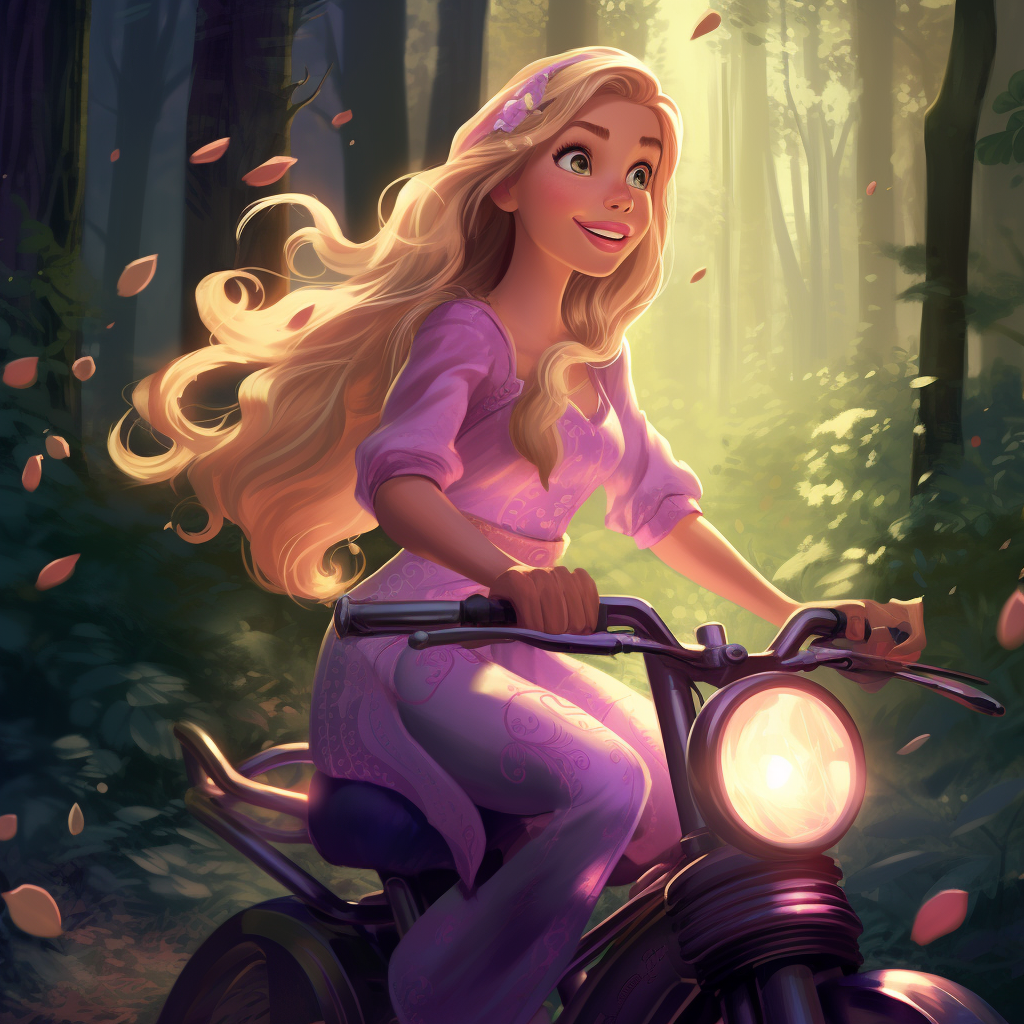 Rapunzel on scooter through woods