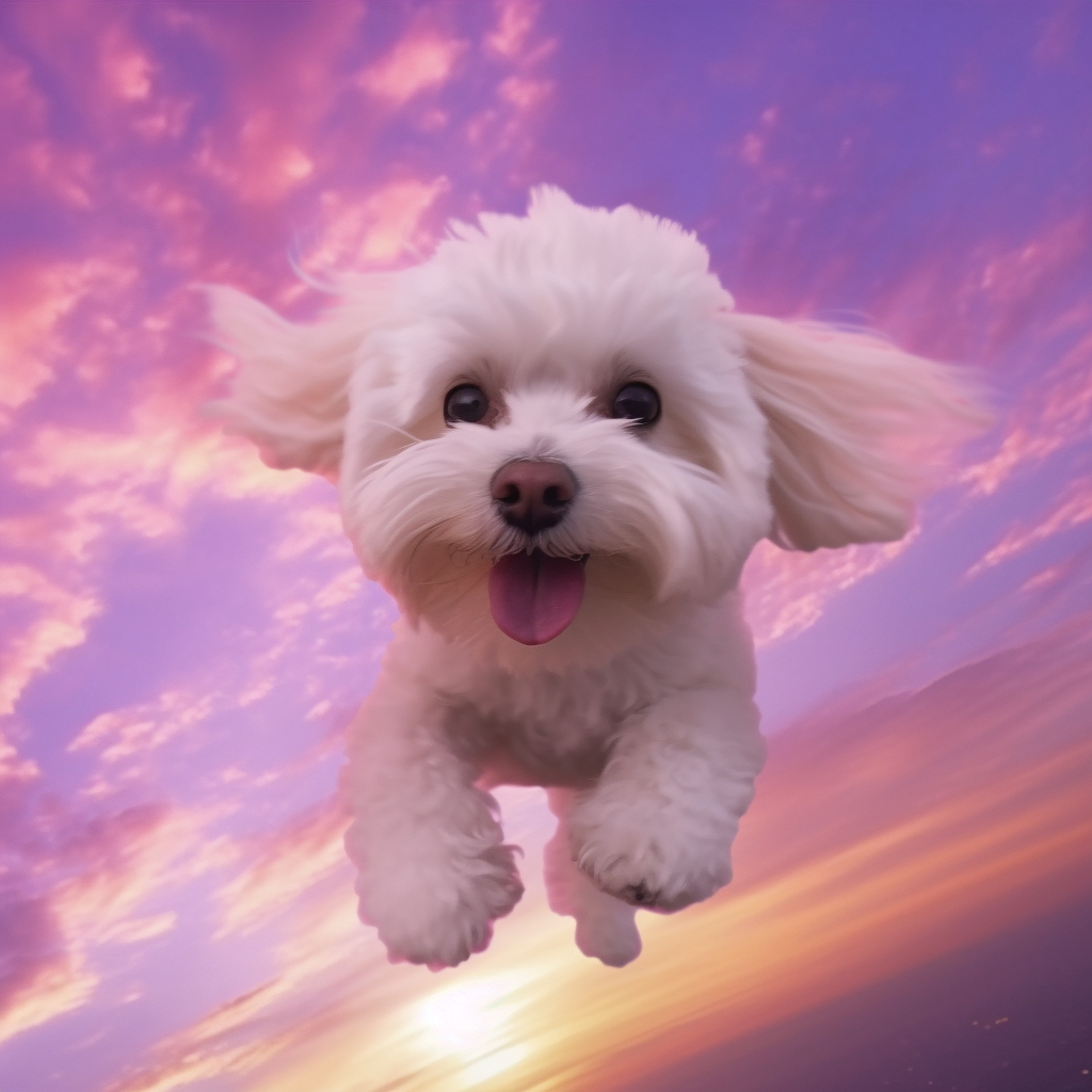 Cute Maltipoo Flying in Purple Sunset Sky