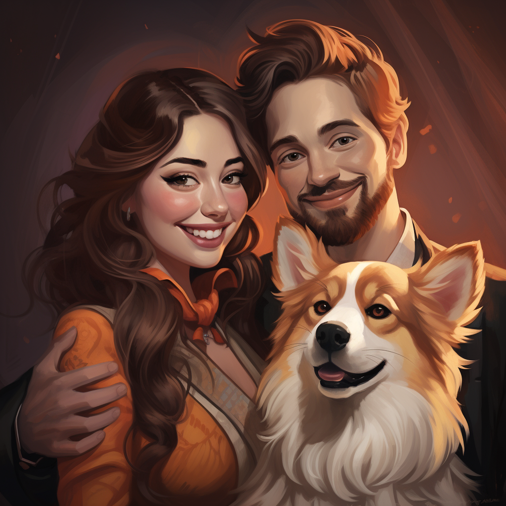 Woman, Man, and Corgi in Disney Art Style