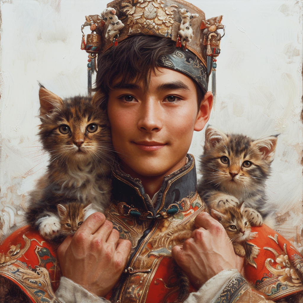 Chinese man holding kittens smiling