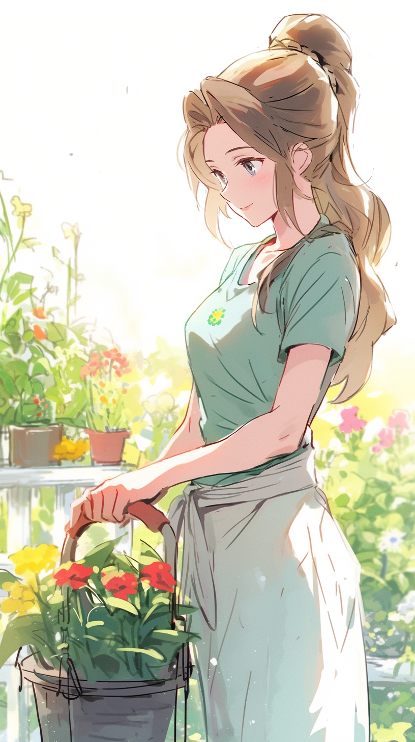 16-year-old woman gardening in a beautiful flower garden