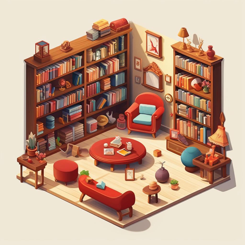 Isometric Disney-inspired library room scene