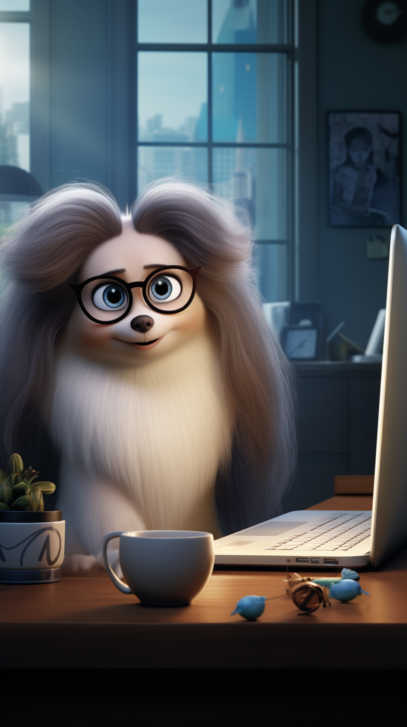 Young woman working at desk with laptop and fluffy pomeranian