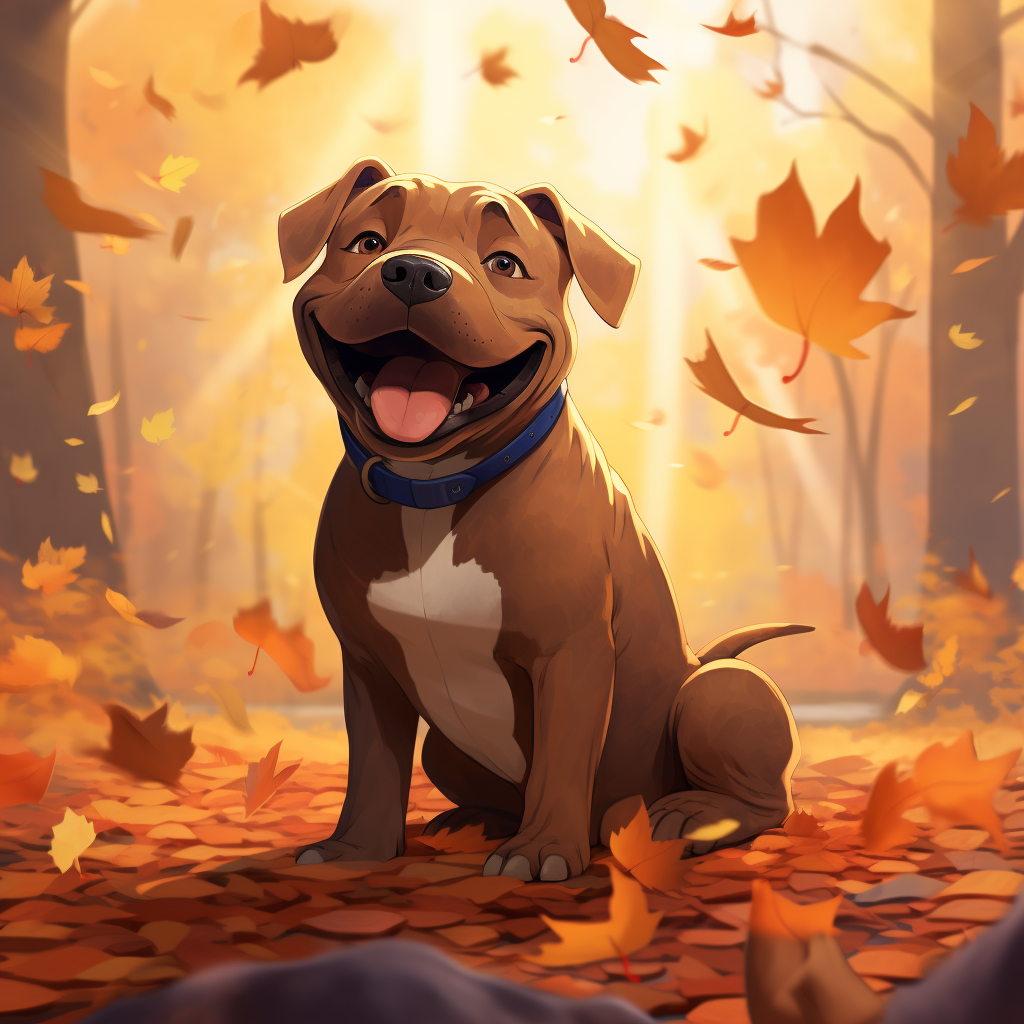 Adorable Bullterrier with Autumn Leaves