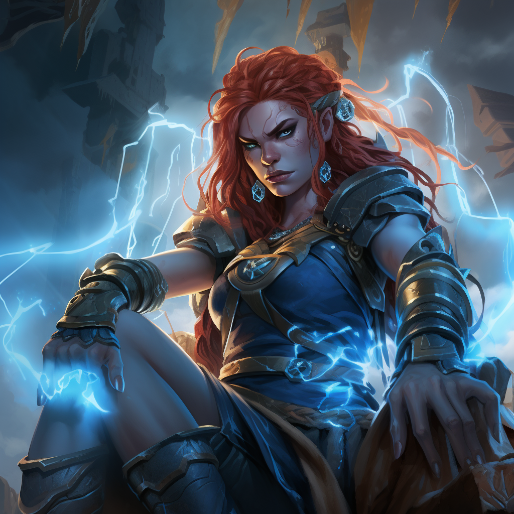 Blue-skinned orc warrior girl with lightning