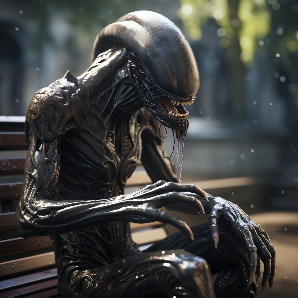 Xenomorph crying on a bench