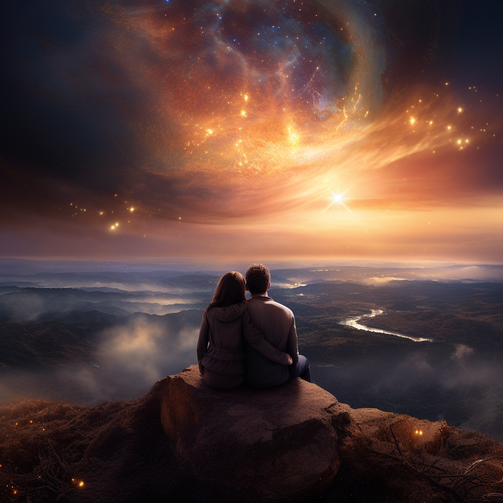 Couple hugging on distant planet