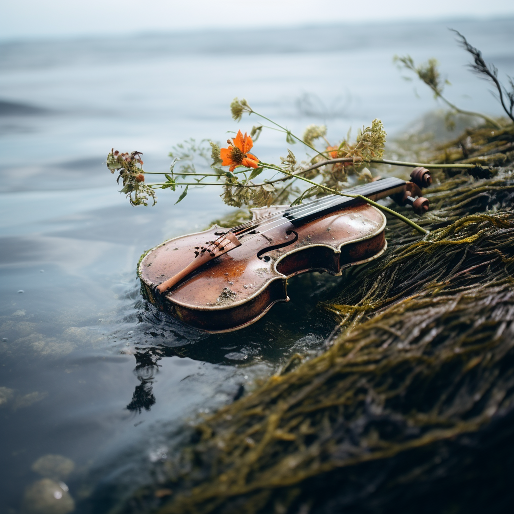 A half-submerged violin on island