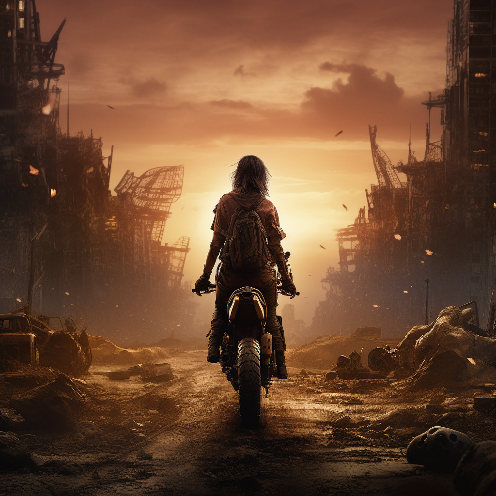 Female super villain on motorcycle in post-apocalyptic streets