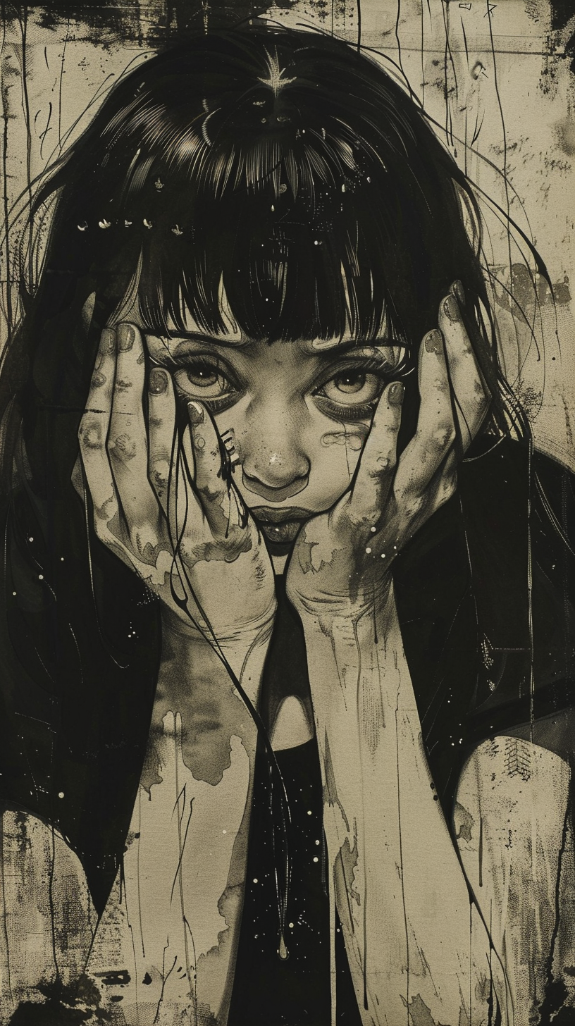 Junji Ito girl covering distorted face