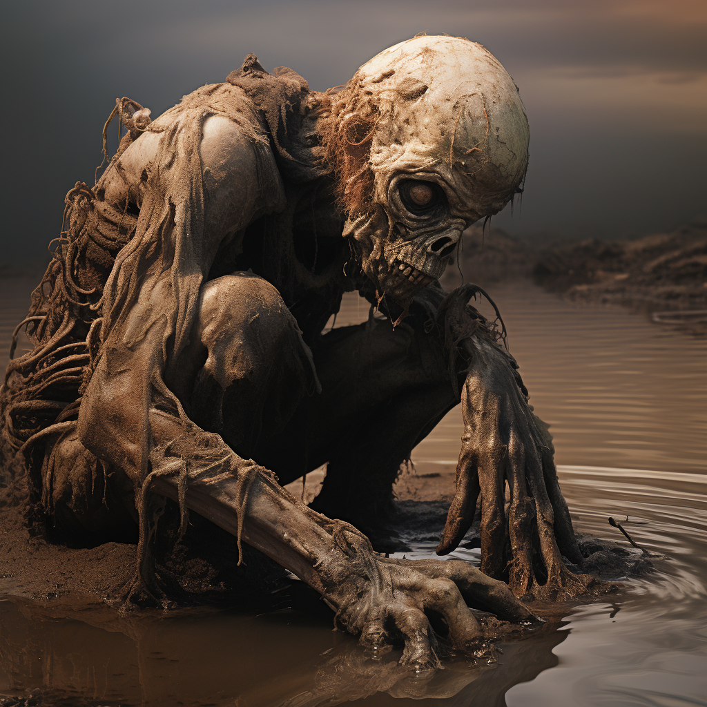 Distraught humanoid fish burying bones in mud