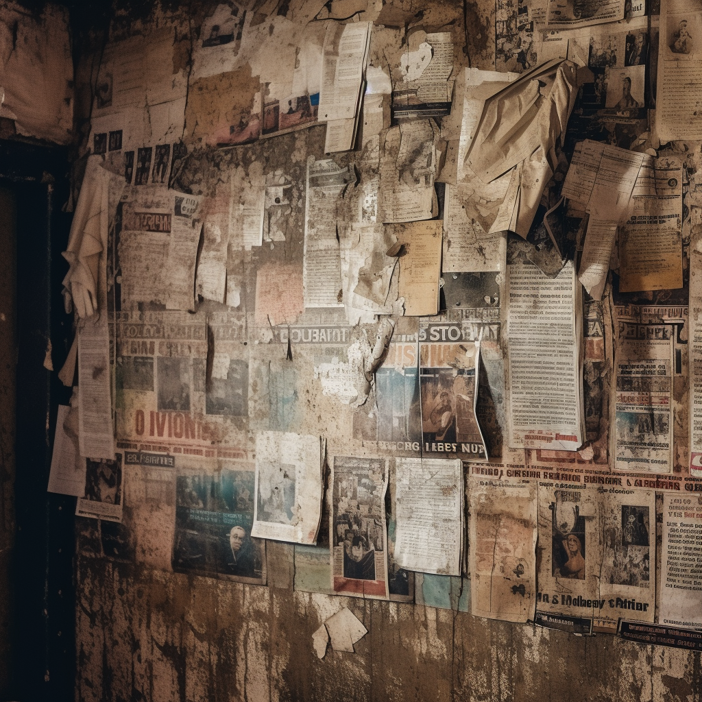 Distressed newspapers and punk magazine on wall