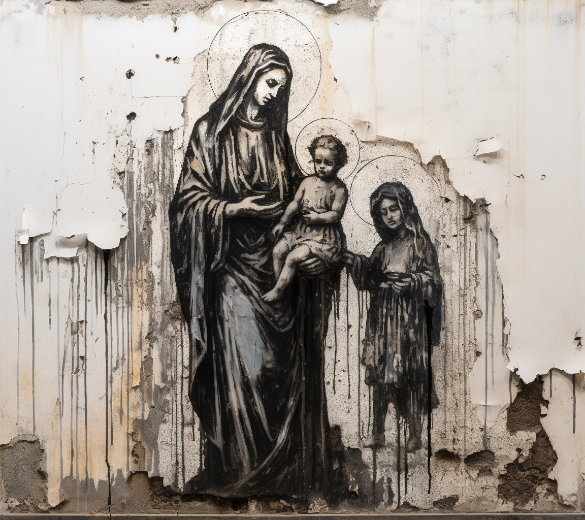 Graffiti drawing of Mary, Joseph, and Baby Jesus