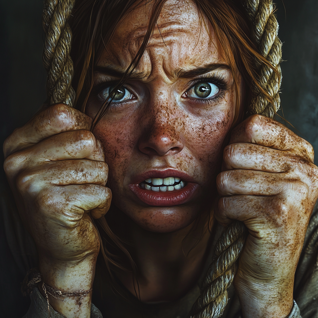 Woman holding rope with teeth