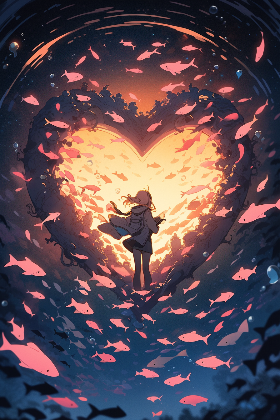 Diver surrounded by fish in heart formation