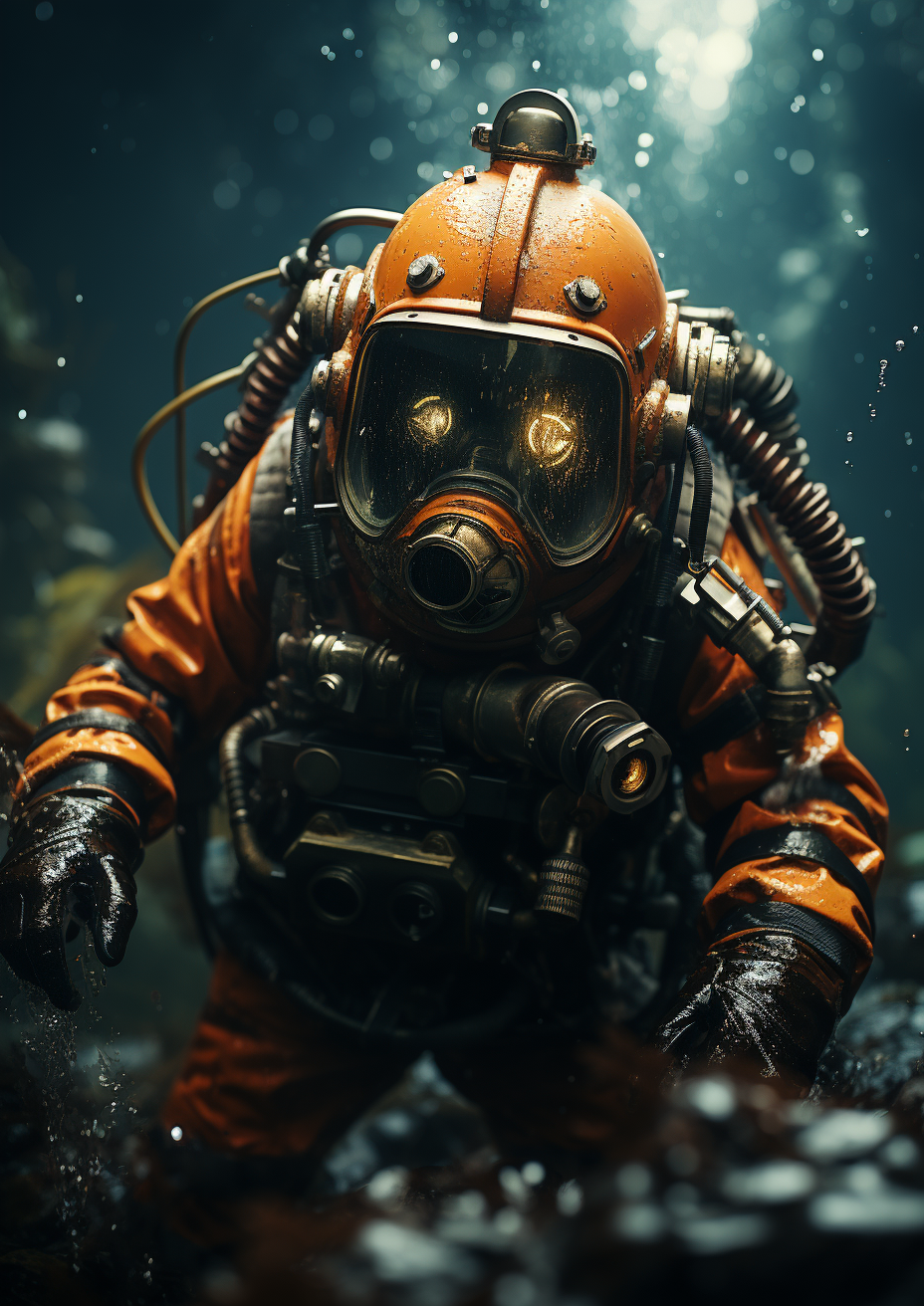 Realistic photo of divers deep diving in the ocean