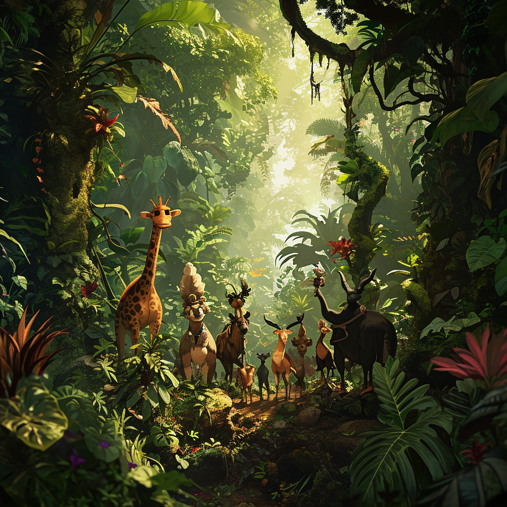 Colorful anthropomorphic jungle animals in rainforest