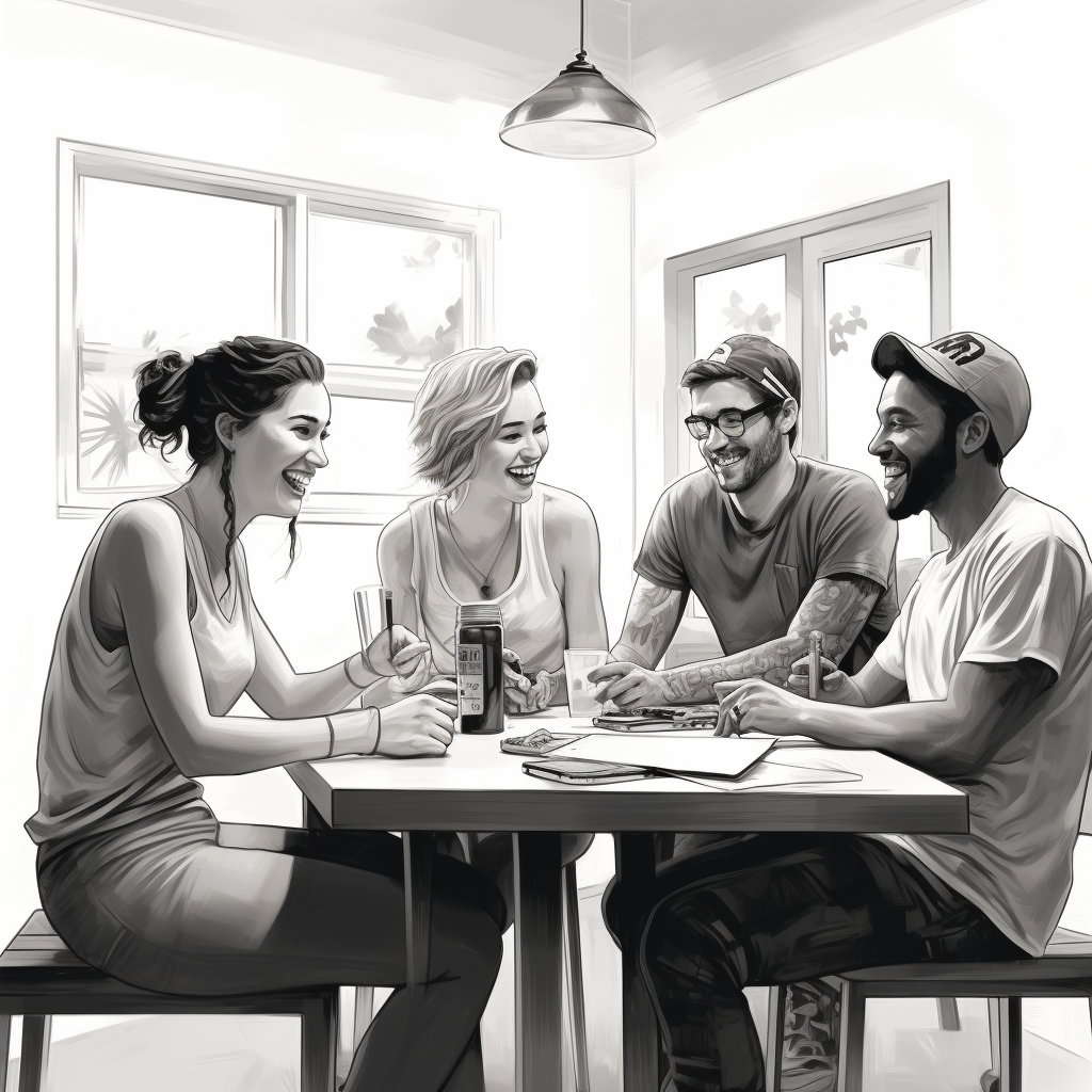 diverse group of college-aged people at kitchen table