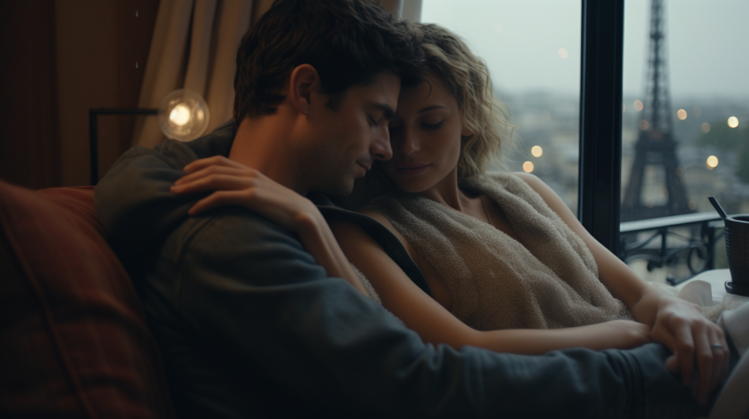 Diverse couple cuddling in rainy Paris