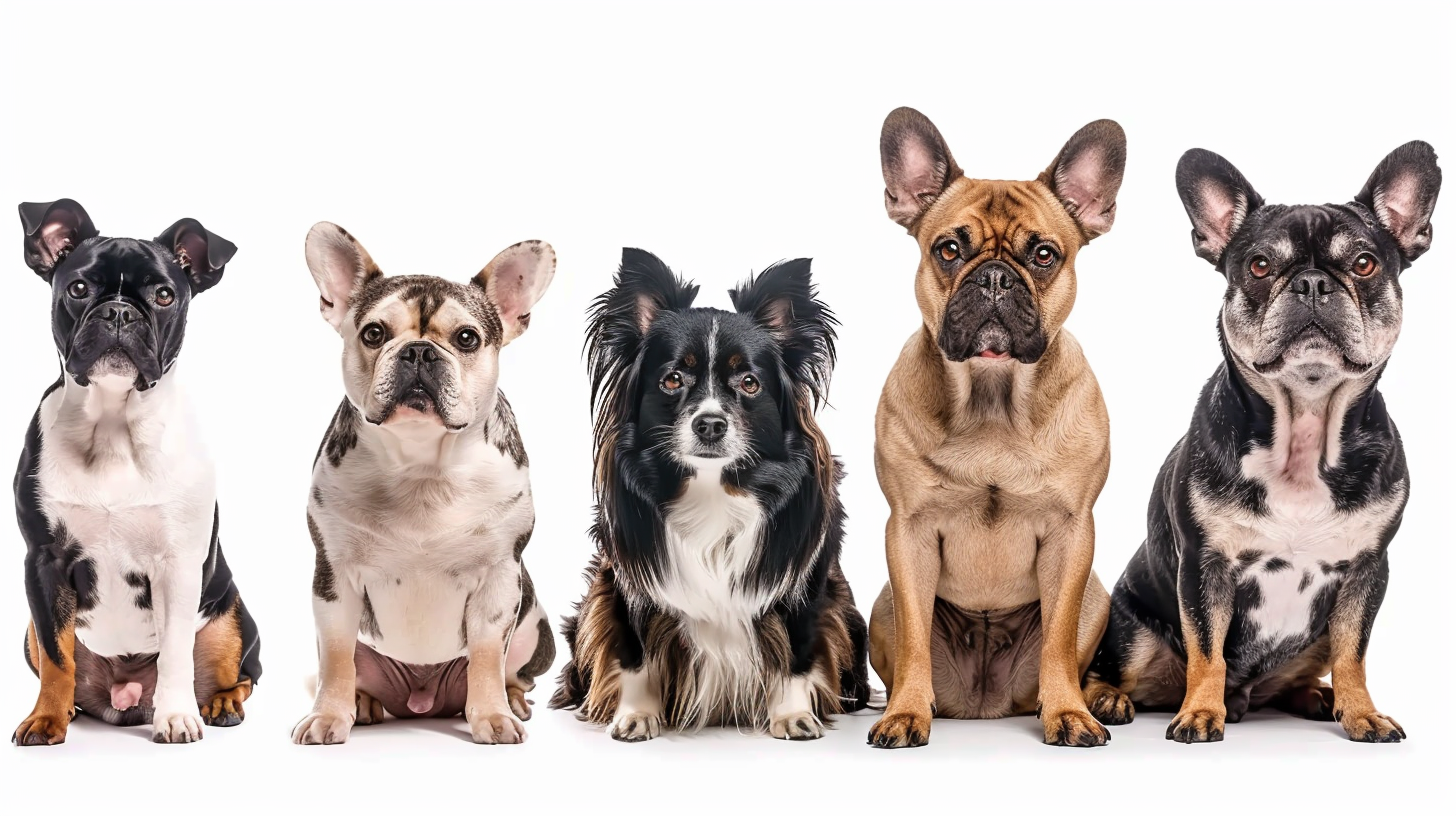 Six dogs diverse breeds white background