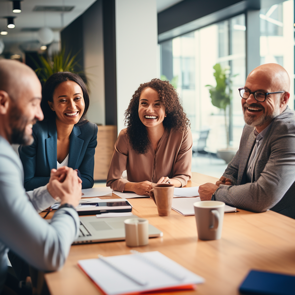 Executive team meeting, diverse professionals