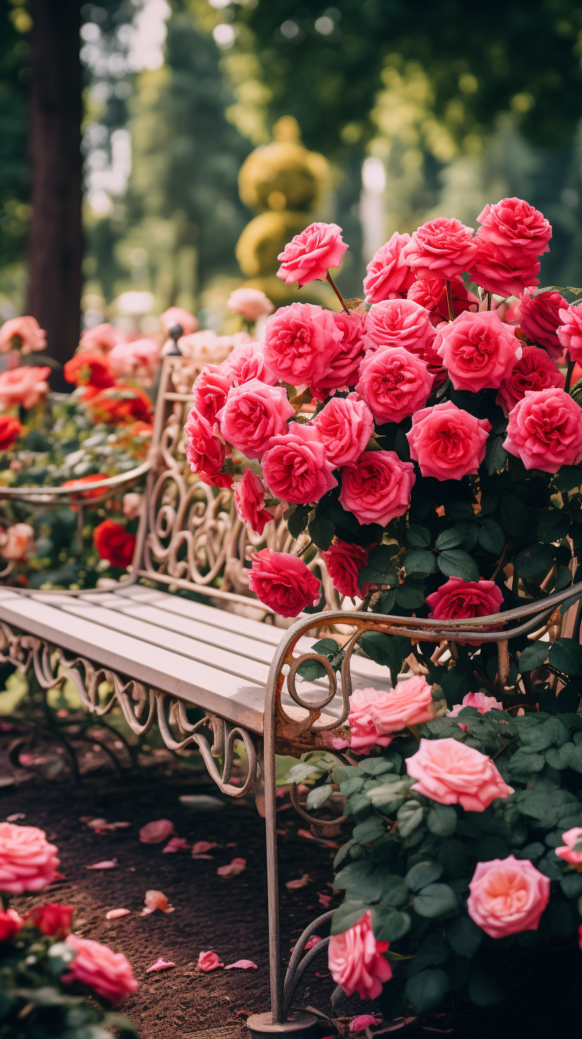 Colorful flowers in square garden with bench