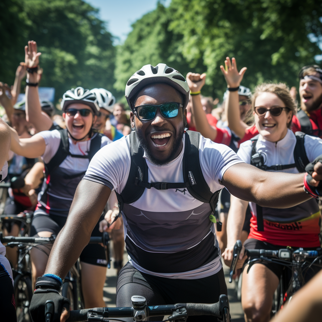 Diverse group cycling in charity event