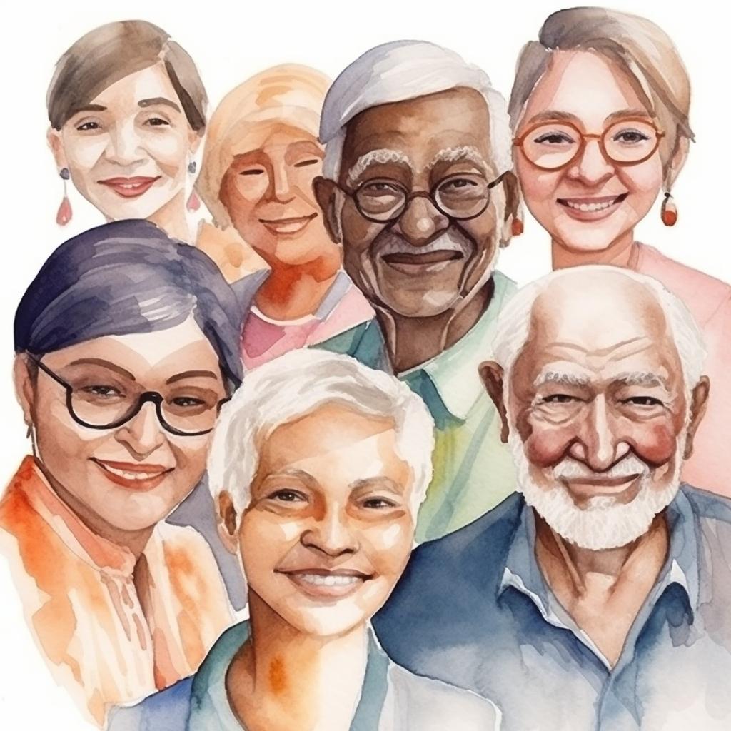 Happy diverse group smiling in watercolor