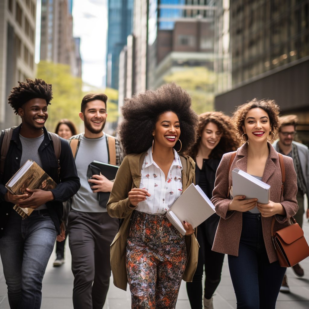 Group of diverse young adults walking in city