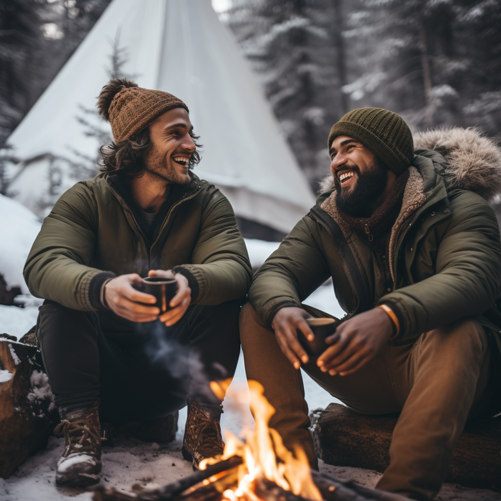 Diverse guys backpacking winter fire coffee