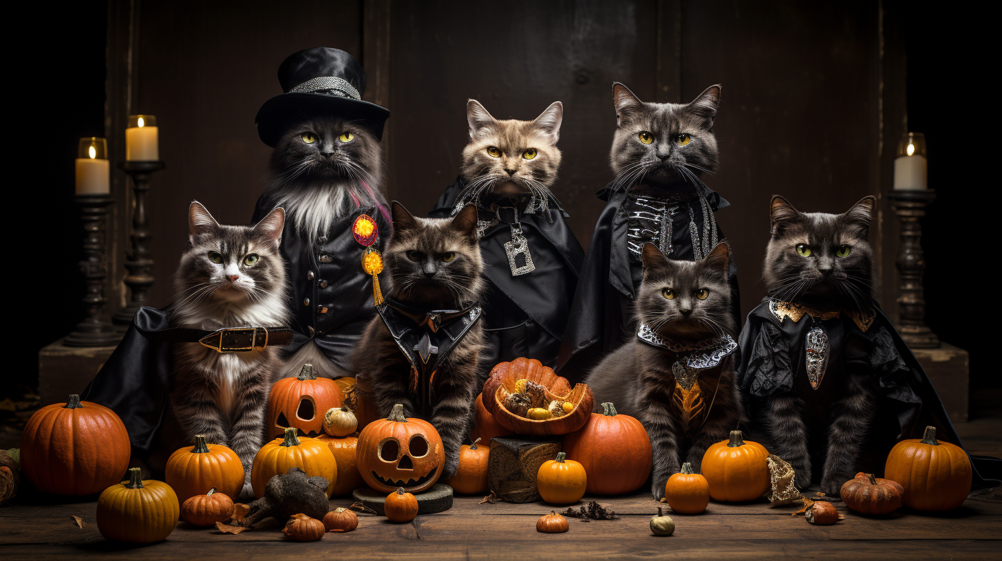 Group of diverse Halloween cats