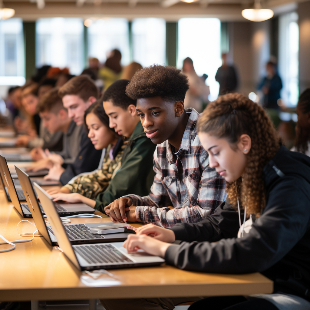 Diverse high school students using logoless Chromebooks