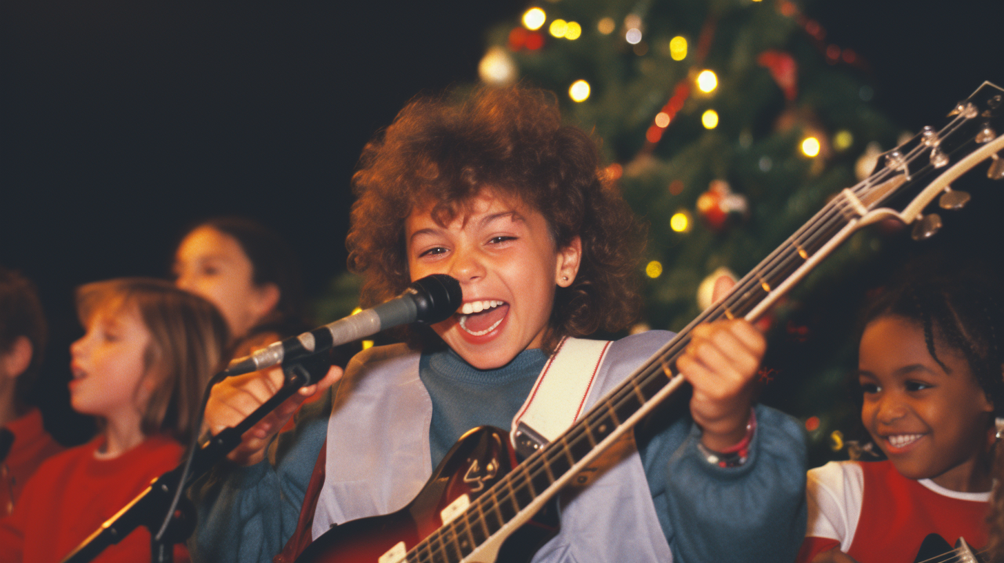 Diverse group of kids playing music at a Christmas party