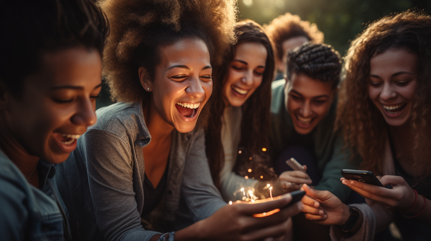 Diverse people huddled around cellphone image