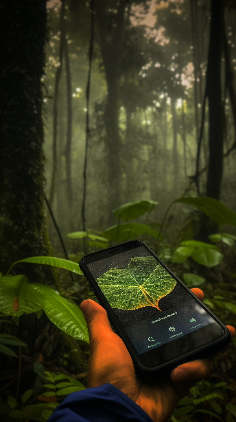 Leaf studying in diverse rainforest with iPhone