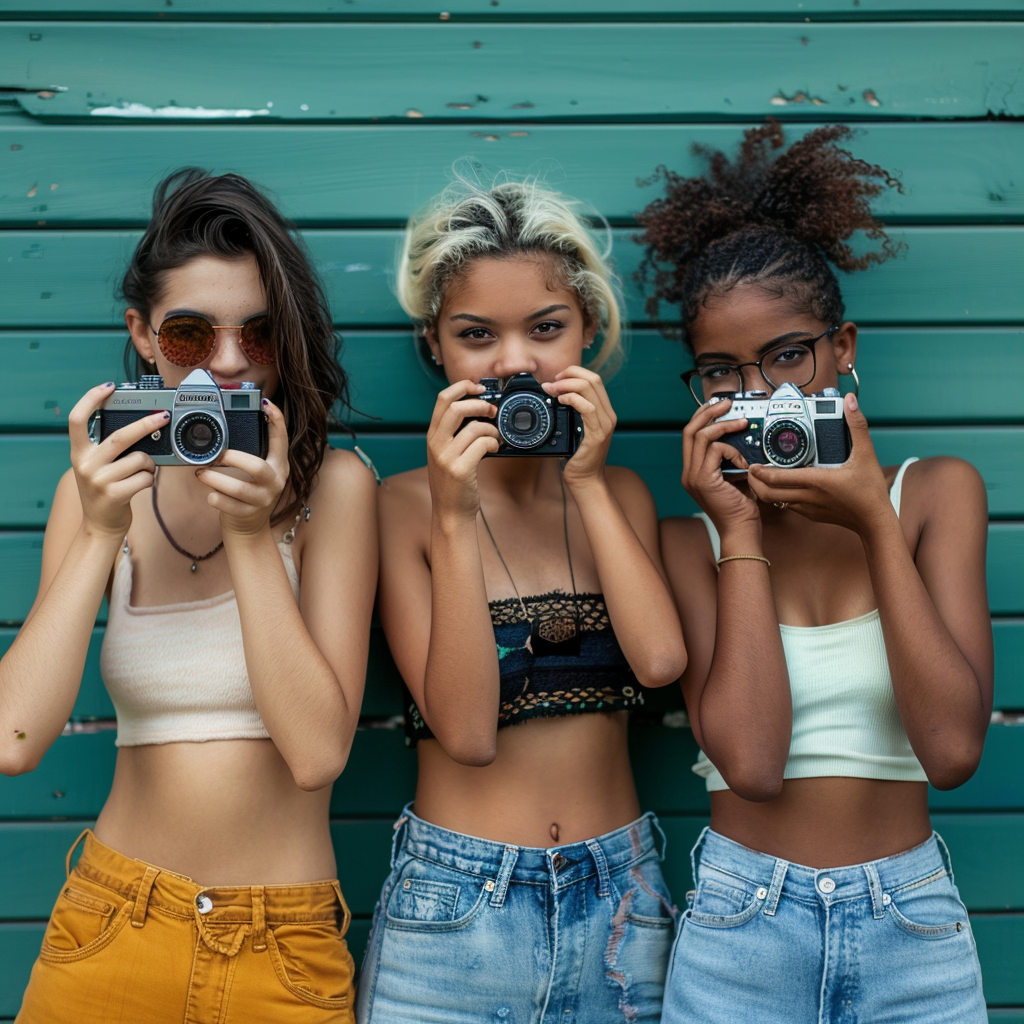 Teenage girls using camera