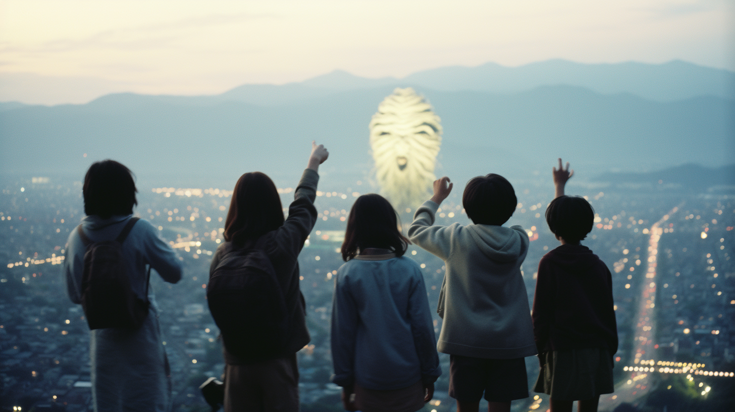 Diverse teenage kids looking over city at dusk